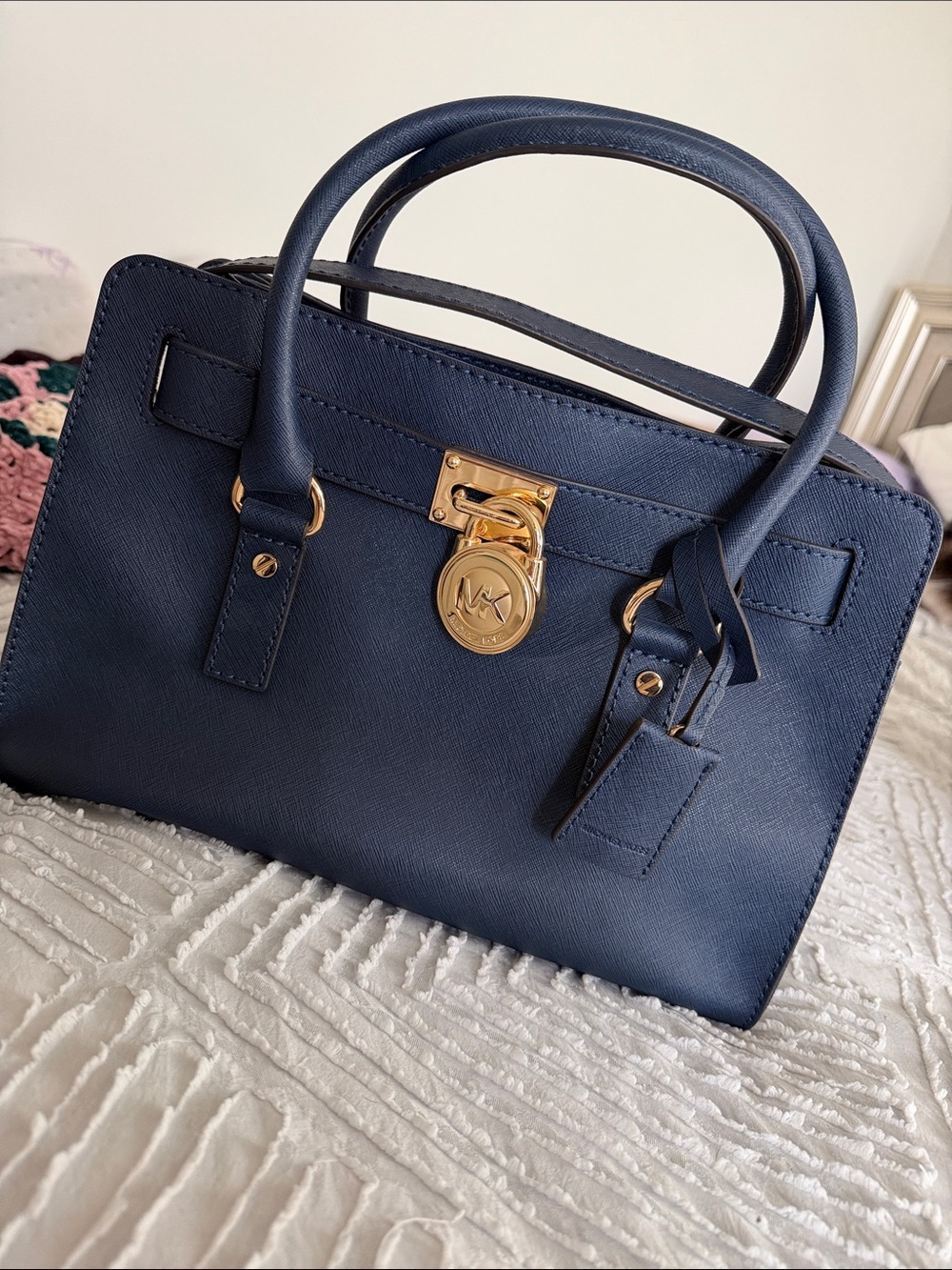 Michael Kors Hamilton Navy Saffiano Leather Satchel with Gold Hardware (Medium)